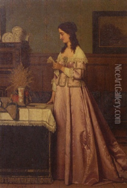 Jeune Femme En Robe Rose Oil Painting - Victor Ravet