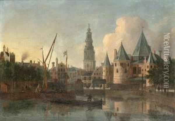 The Nieuwemarkt, Amsterdam, From
 The Geldersekade With The Tower Of The Zuiderkerk Beyond Oil Painting - Gerrit Adriaensz Berckheyde