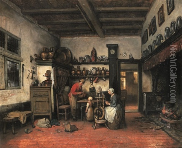 Au Sein De La Famille - Huiseluk Tafereel Oil Painting - Henri de Braekeleer