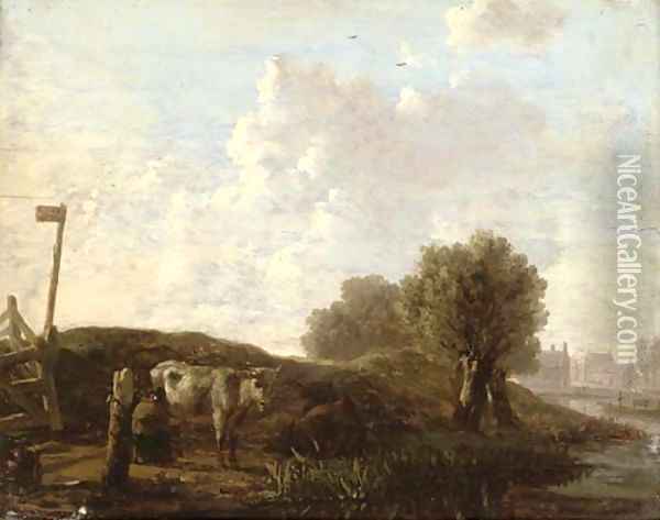 A river landscape with cattle on a bank Oil Painting - Dutch School