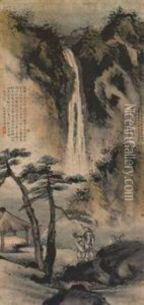 Watching The Waterfall Oil Painting - Gao Qipei