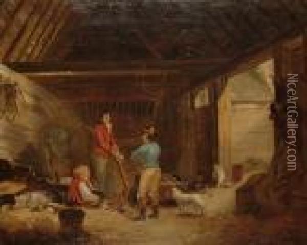 A Group Of Farm Labourers In A Barn Oil Painting - George Morland