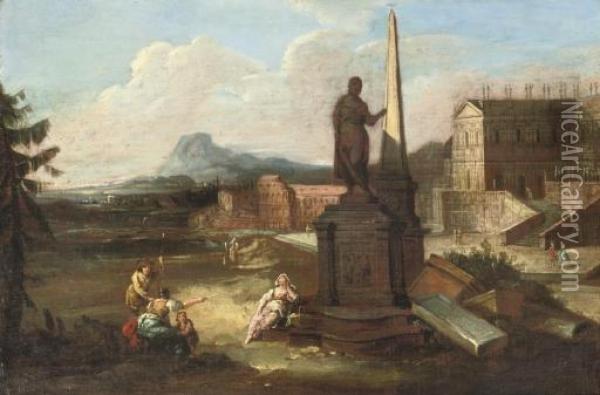 A Capriccio View Of Rome With 
Figures Conversing By A Statue And An Obelisk, The Colloseum And Other 
Ancient Buildings Beyond Oil Painting - Giuseppe Zais
