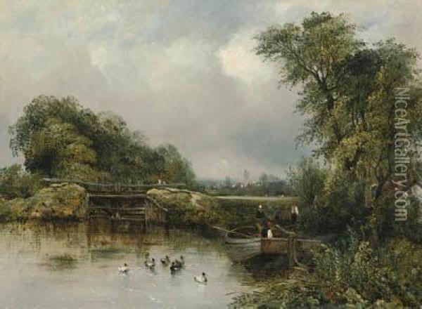 A Wooded River Landscape With A Barge By A Lock, A Villagebeyond Oil Painting - Frederick Waters Watts