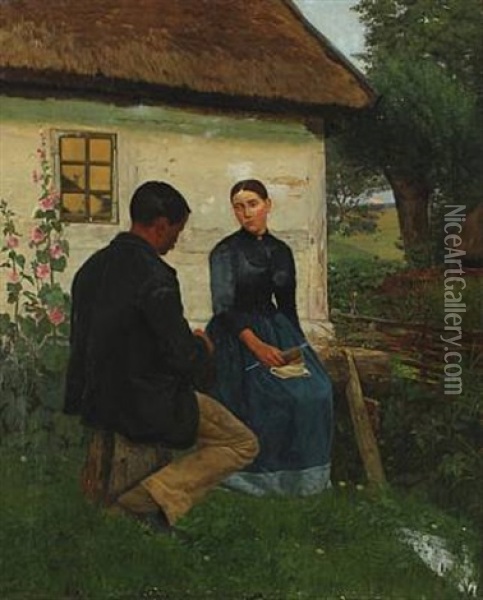 A Young Couple By A Farmhouse Oil Painting - Gustav Vermehren