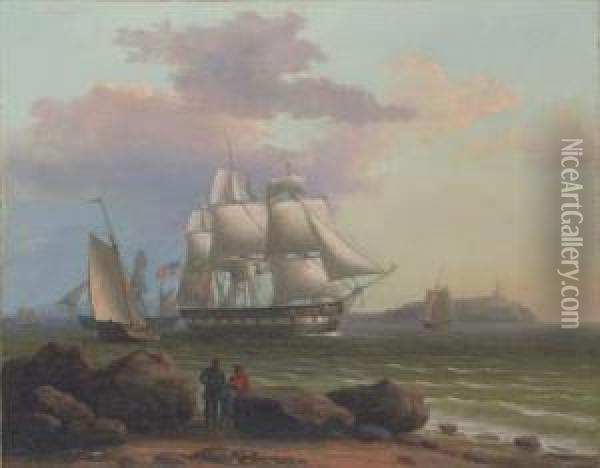 An American Merchantman Backing Her Sails As She Heaves-to Off Arocky Shore Oil Painting - Thomas Birch