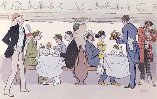 Restaurant Car in the Paris to Nice Train, 1913 Oil Painting - Georges Goursat Sem