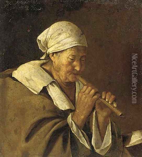 An old woman playing a flute Oil Painting - Lambert Jacobsz or Jacobs