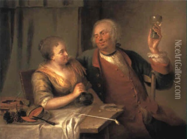 Couple Carousing In A Tavern Oil Painting - Aert Schouman