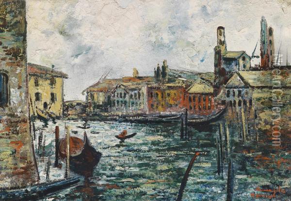Venetian Canal Oil Painting - Ermenegildo Agazzi