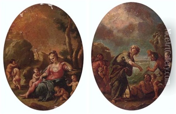 A Goddess Surrounded By Putti (+ A Goddess With Fisherman; Pair) Oil Painting - Francesco Stringa