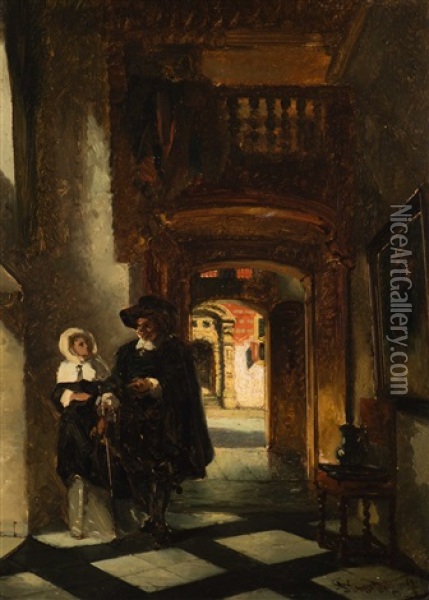 A Lady And A Gentleman In The Hall Of A Patrician House Oil Painting - Johannes Antoine Balthasar Stroebel
