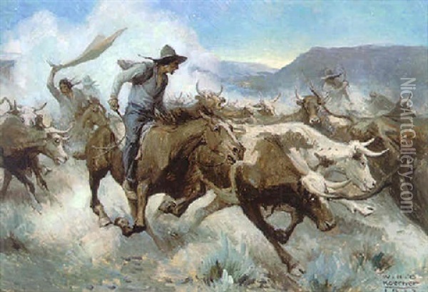 Cattle Stampede Oil Painting - William Henry Dethlef Koerner
