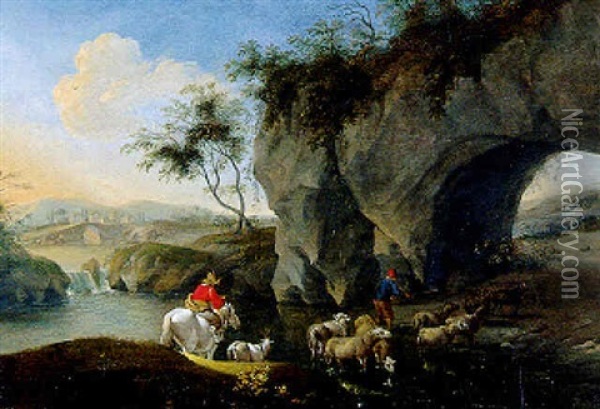 Paysage Avec Moutons Traversant Une Riviere Oil Painting - Barend Graat