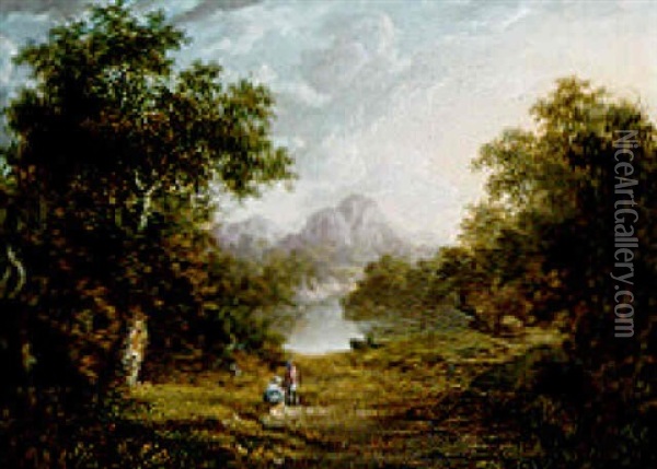 Figures In A Wooded Lake Landscape With Mountains Beyond Oil Painting - Alexander Nasmyth