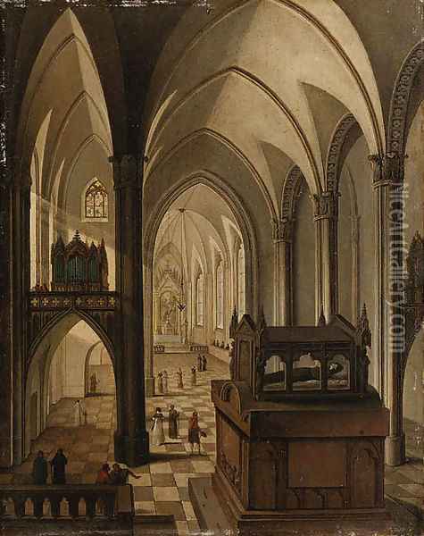 Interior of a Gothic Cathedral with elegant Figures walking in the Nave before a Tomb Oil Painting - Johann Jakob Hoch