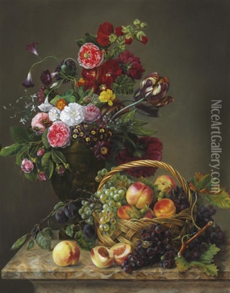 Still Life With Peaches And Grapes Oil Painting - Jeanne Marie Josephine Hellemans