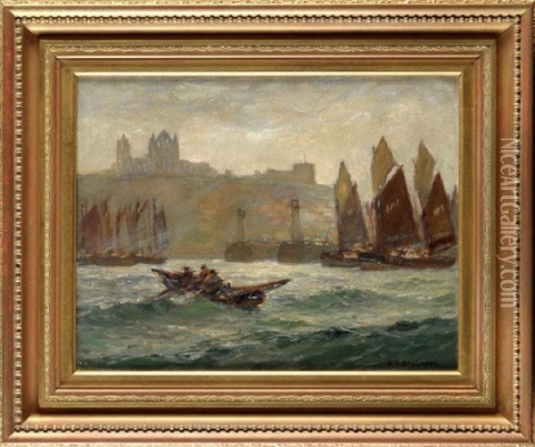 Fishing Boats At The Entrance To Whitby Harbour With The Abbey In The Distance Oil Painting - Joseph Richard Bagshaw