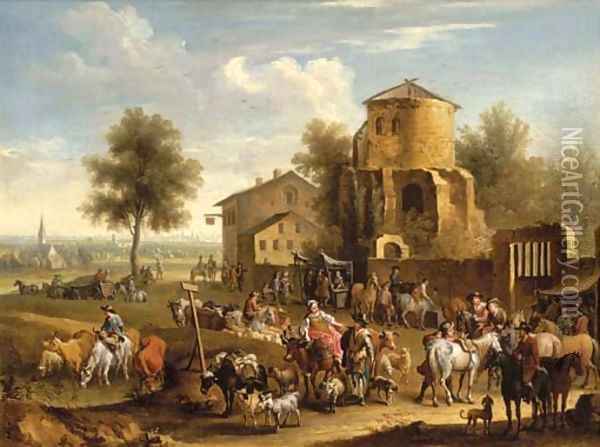 A market scene with a city in the distance Oil Painting - Joseph Stephan