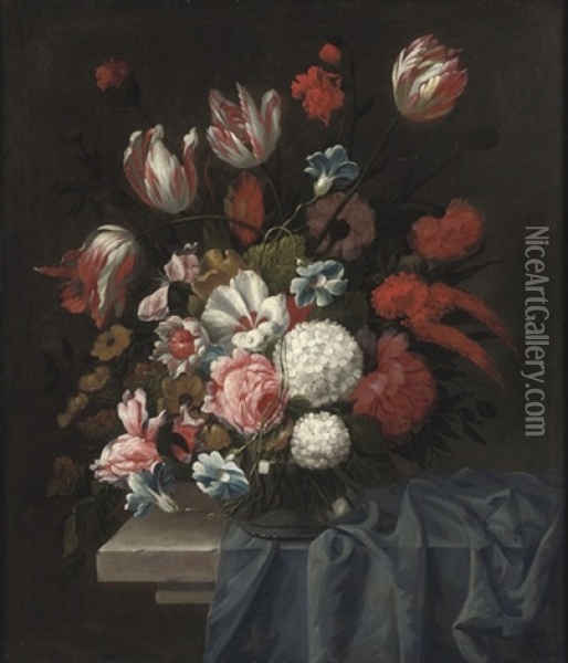 Tulips, Roses, Poppies And Other Flowers In A Glass Vase On A Stone Table Oil Painting - Elias van den Broeck