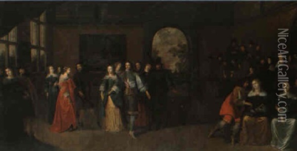 Elegant Company Dancing In An Interior Oil Painting - Hieronymous (Den Danser) Janssens