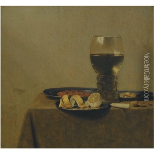 A Still Life Of A Peeled Lemon, Nuts And Olives On Pewter Plates, And A Roemer Filled With White Wine, All On A Table Covered With A Cloth Oil Painting - Jan van de Velde III