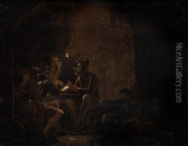 Soldiers In A Candlelit Interior Oil Painting - Leonard Bramer