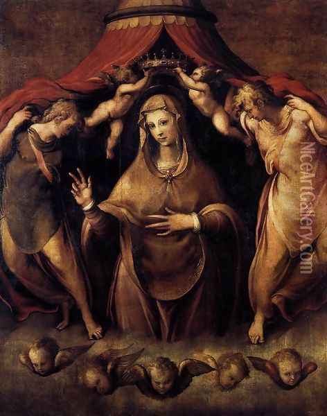 Coronation of the Virgin with Angels c. 1550 Oil Painting - Francesco de' Rossi