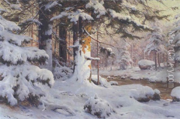 Verschneiter Tannenwald Oil Painting - Walter Moras