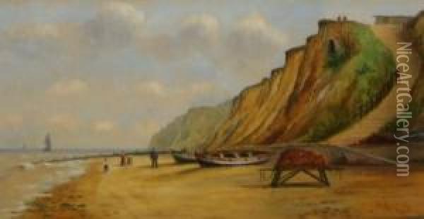 Norfolk Coastal Scene With Figures And Yarmouth Boats Oil Painting - William Marjoram