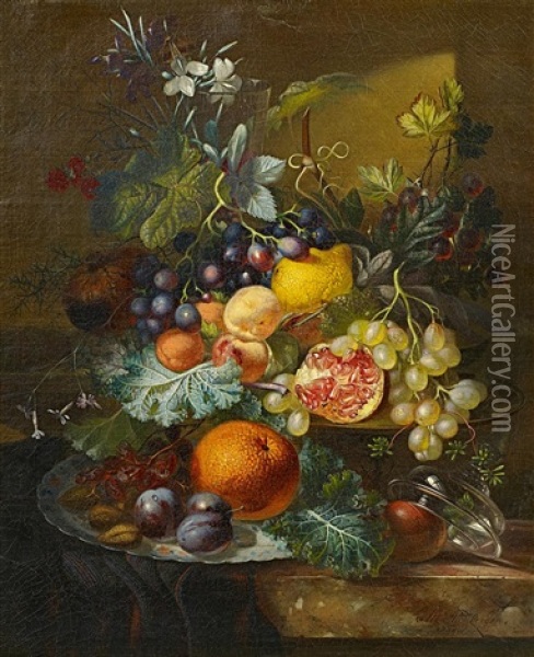 Fruchtestillleben Mit Trauben, Orange, Zitrone Und Granatapfel Auf Marmorierter Oil Painting - Albertus Steenbergen