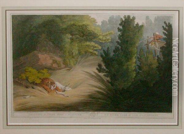 The Ganges Breaking Its Banks... And A Rhinoceros Hunted By Wildelephants Oil Painting - Samuel Howitt