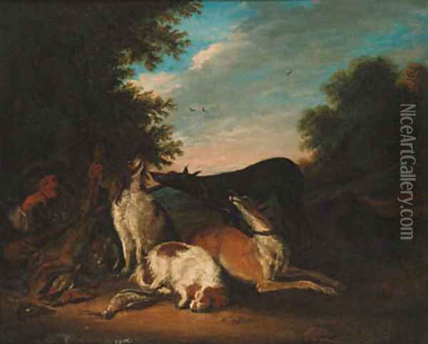 A huntsman and hounds with game resting in a landscape Oil Painting - Adriaen De Gryeff