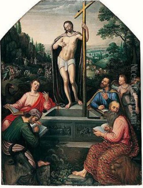 The Risen Christ As The Well Of Life, Attended By The Four Evangelists Oil Painting - Lucas van Valckenborch