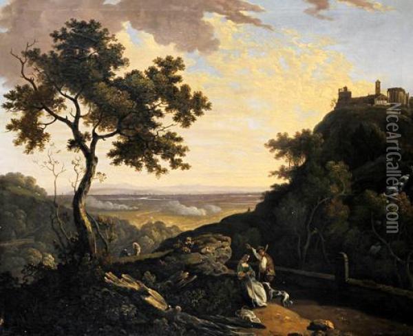 An Italianate Landscape With Two
 Figures Conversing Beneath A Hillside, Classical Buildings On The 
Hilltop, A View Across A Distant Plain Beyond Oil Painting - Richard Wilson