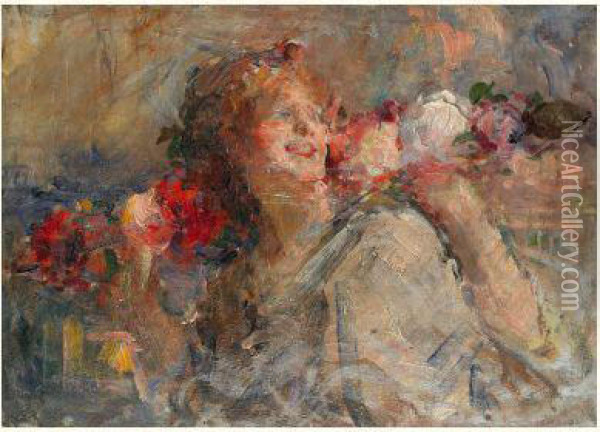 Jeune Fille Aux Fleurs Oil Painting - Antoine Calbet