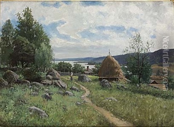 Flicka Vid Gardsgard Oil Painting - Konrad Simonsson