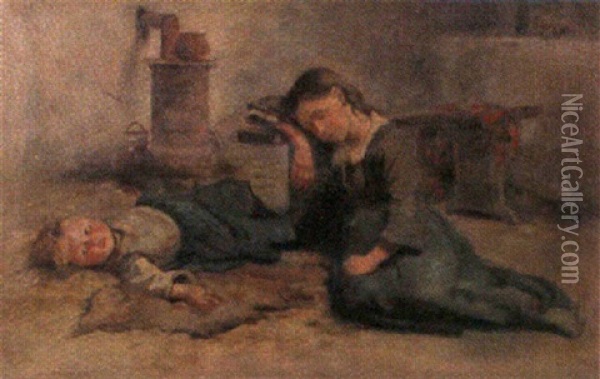 Barn Med Sovende Mor Oil Painting - Emilie (Caroline E.) Mundt