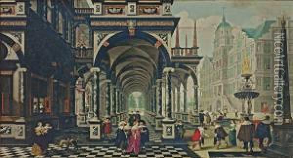 A Palace Arcade With Numerous Elegant Figures Conversing Andplaying Games Oil Painting - Dirck Van Delen