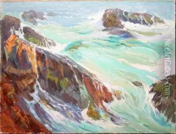Waves On Rocks Oil Painting - Alfred Conway Peyton