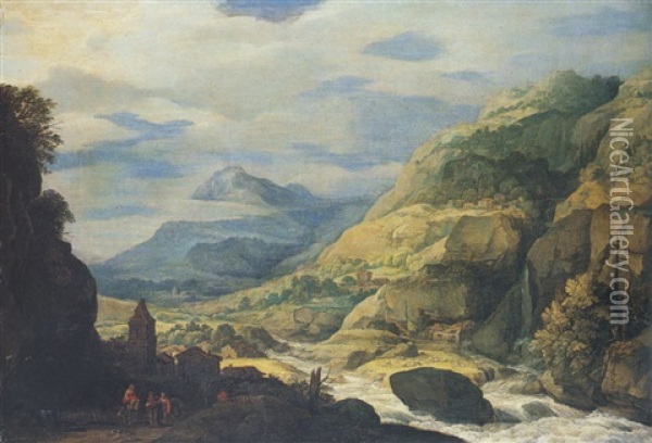 Extensive Mountainous River Landscape With Travellers Oil Painting - Marten Ryckaert