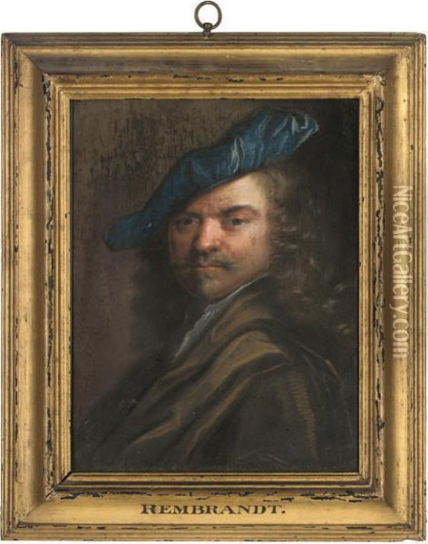 Portrait Of A Gentleman, Bust-length, In A Blue Hat And Maroon Wrap Oil Painting - Rembrandt Van Rijn