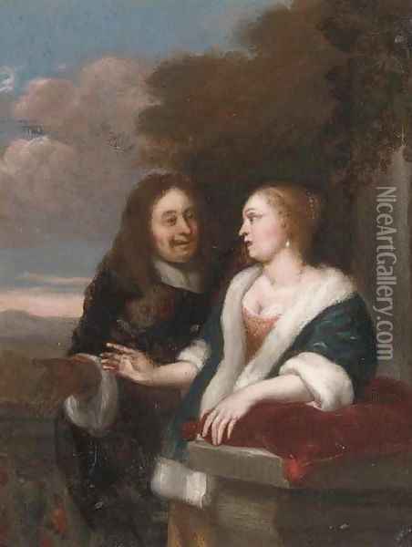 A gentleman courting a lady in a garden Oil Painting - Arie de Vois