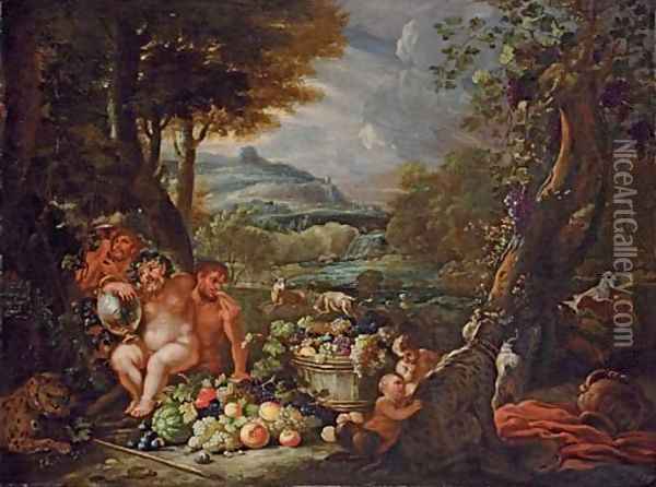Silenus, with centaurs, leopards and a barrel of fruit in an extensive river landscape Oil Painting - Abraham Brueghel