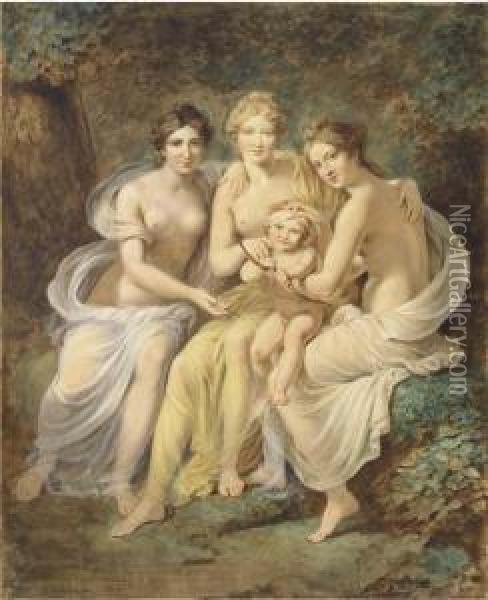 The Three Graces Holding Cupid Drawing A Bow Oil Painting - Etienne-Charles Leguay