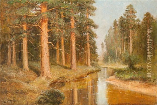 Russische Flusslandschaft Mit Birken Oil Painting - Simeon Fedorovich Fedorov