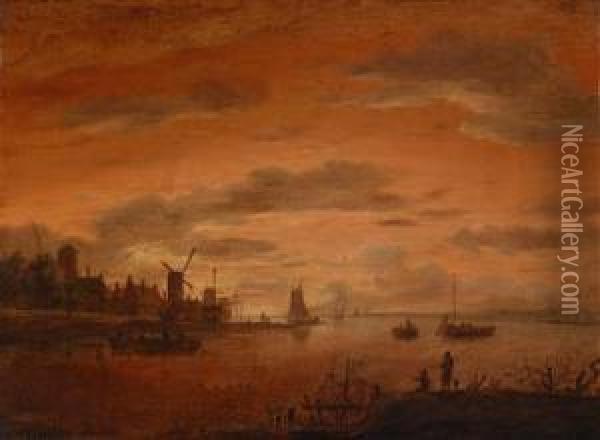 Sunset Above A Dutch Canal Landscape Oil Painting - Aert van der Neer