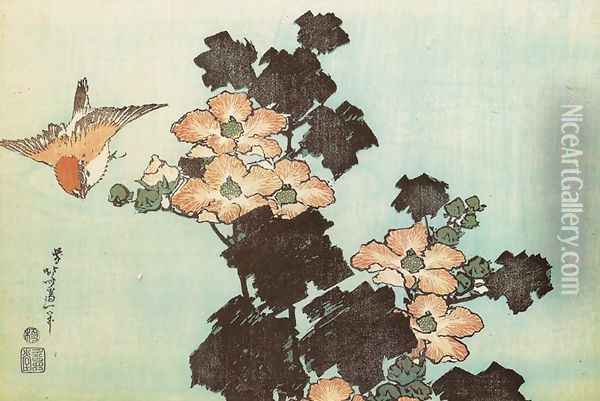 Hibiscus and Sparrow Oil Painting - Katsushika Hokusai