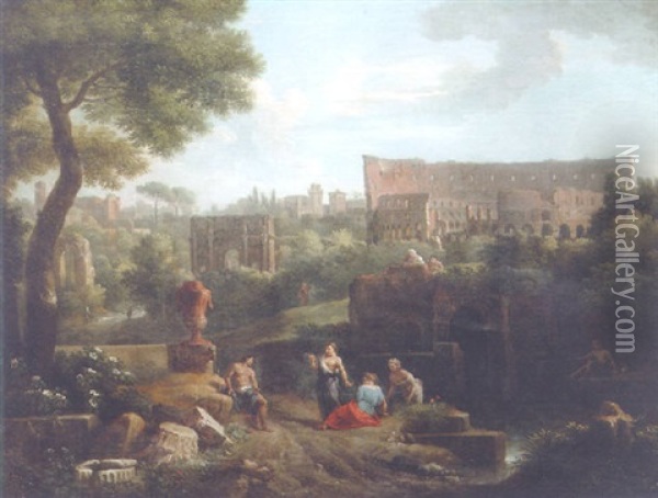 A Capriccio Of Rome With The Colosseum And The Arch Of Constantine Oil Painting - Jan Frans van Bloemen