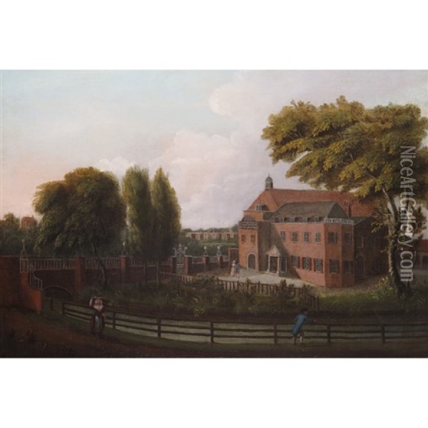 South West View Of Sadler's Wells Theatre, A Gentleman Fishing In The New River Oil Painting - John Inigo Richards